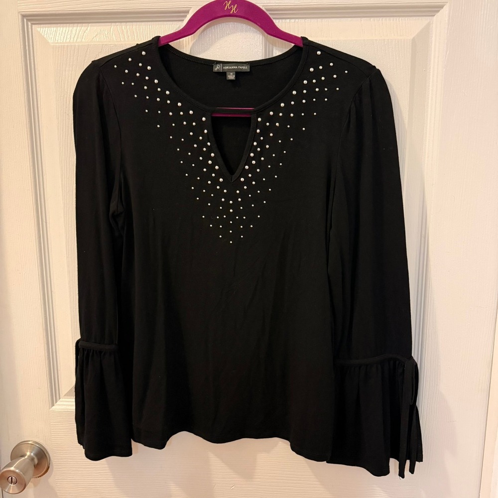 Adrianna Papell Med. Black Keyhole Bell Sleeve Blouse Top Rhinestone Embellished